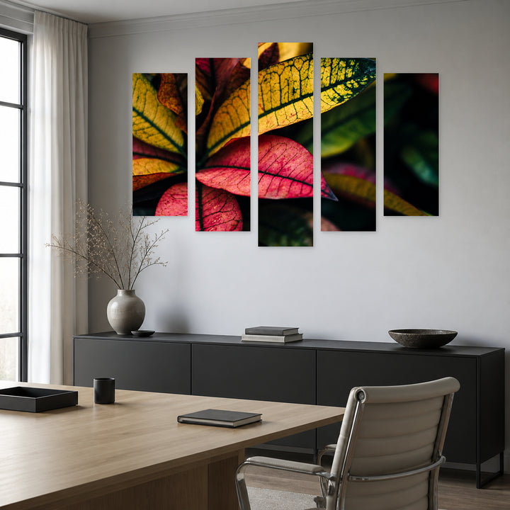 Croton Flower with Dramatic Contrast — five-panel wall art in frontal interior | 5wallart 54268 M3