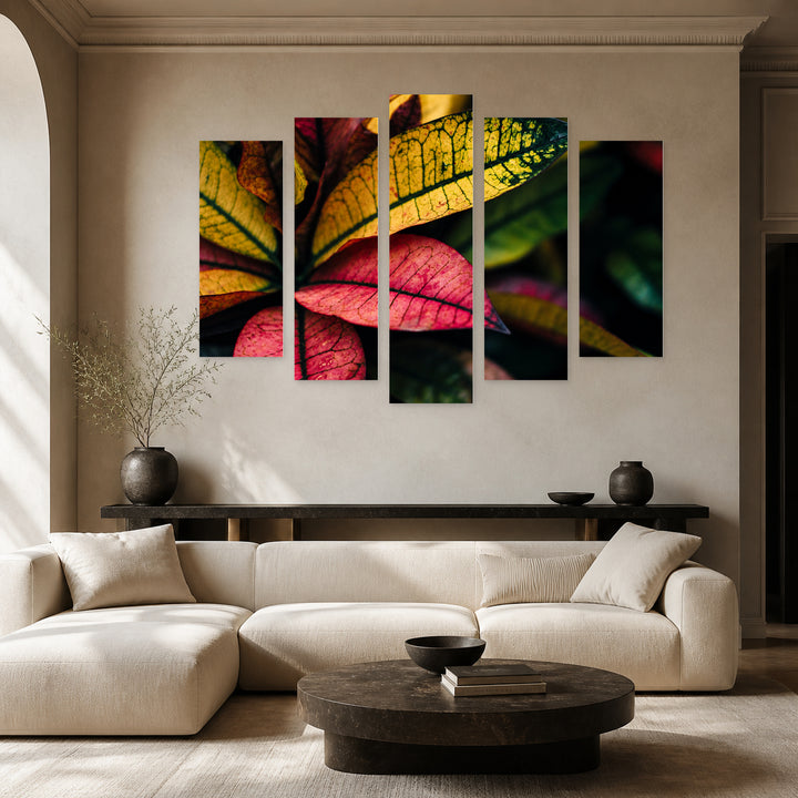 Croton Flower with Dramatic Contrast — five-panel wall art in alternate frontal interior | 5wallart 54268 M4