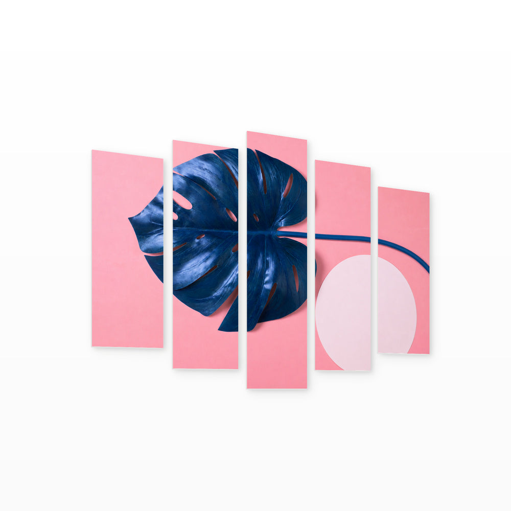 Blue Tropical Monstera Leaf in Serene Light — five-panel wall art on white background in perspective | 5wallart 54282 M1