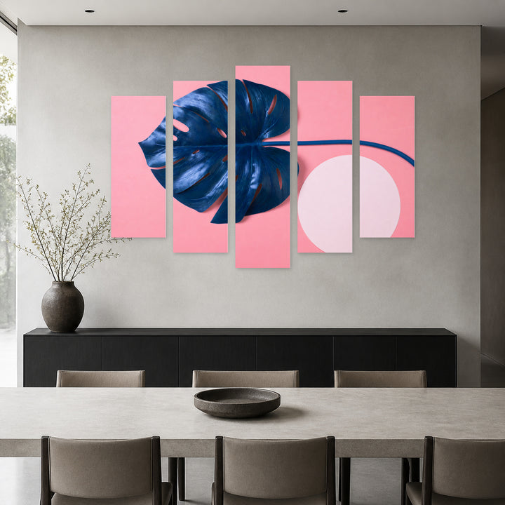 Blue Tropical Monstera Leaf in Serene Light — five-panel wall art in frontal interior | 5wallart 54282 M3