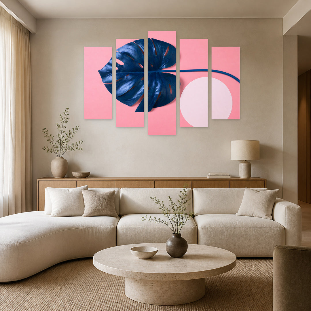 Blue Tropical Monstera Leaf in Serene Light — five-panel wall art in alternate frontal interior | 5wallart 54282 M4