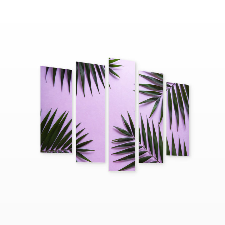 Palm Leaves on Purple Background in Serene Light — five-panel wall art on white background in perspective | 5wallart 54285 M1