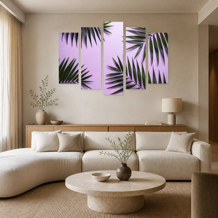 Palm Leaves on Purple Background in Serene Light — five-panel wall art in frontal interior | 5wallart 54285 M3