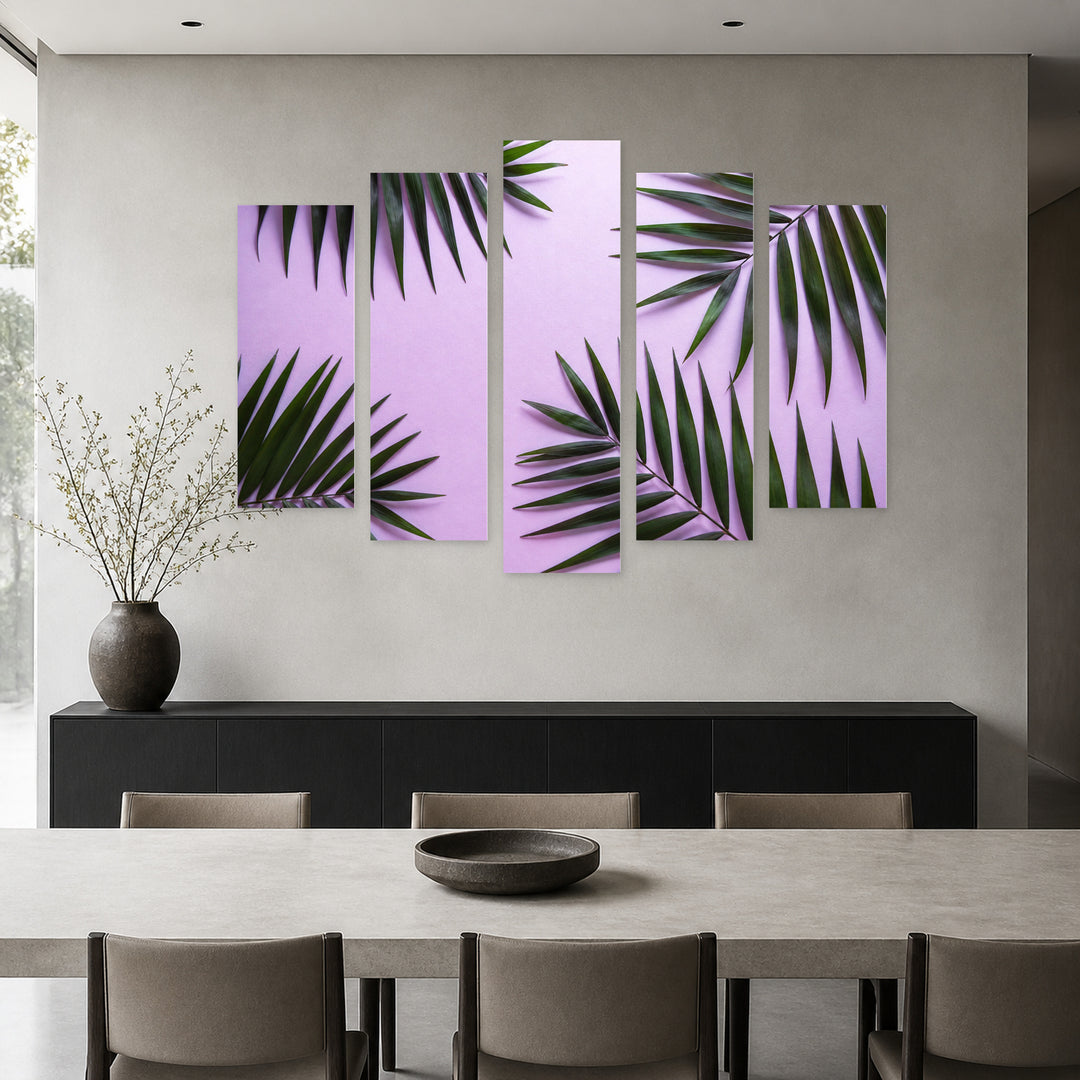 Palm Leaves on Purple Background in Serene Light — five-panel wall art in alternate frontal interior | 5wallart 54285 M4