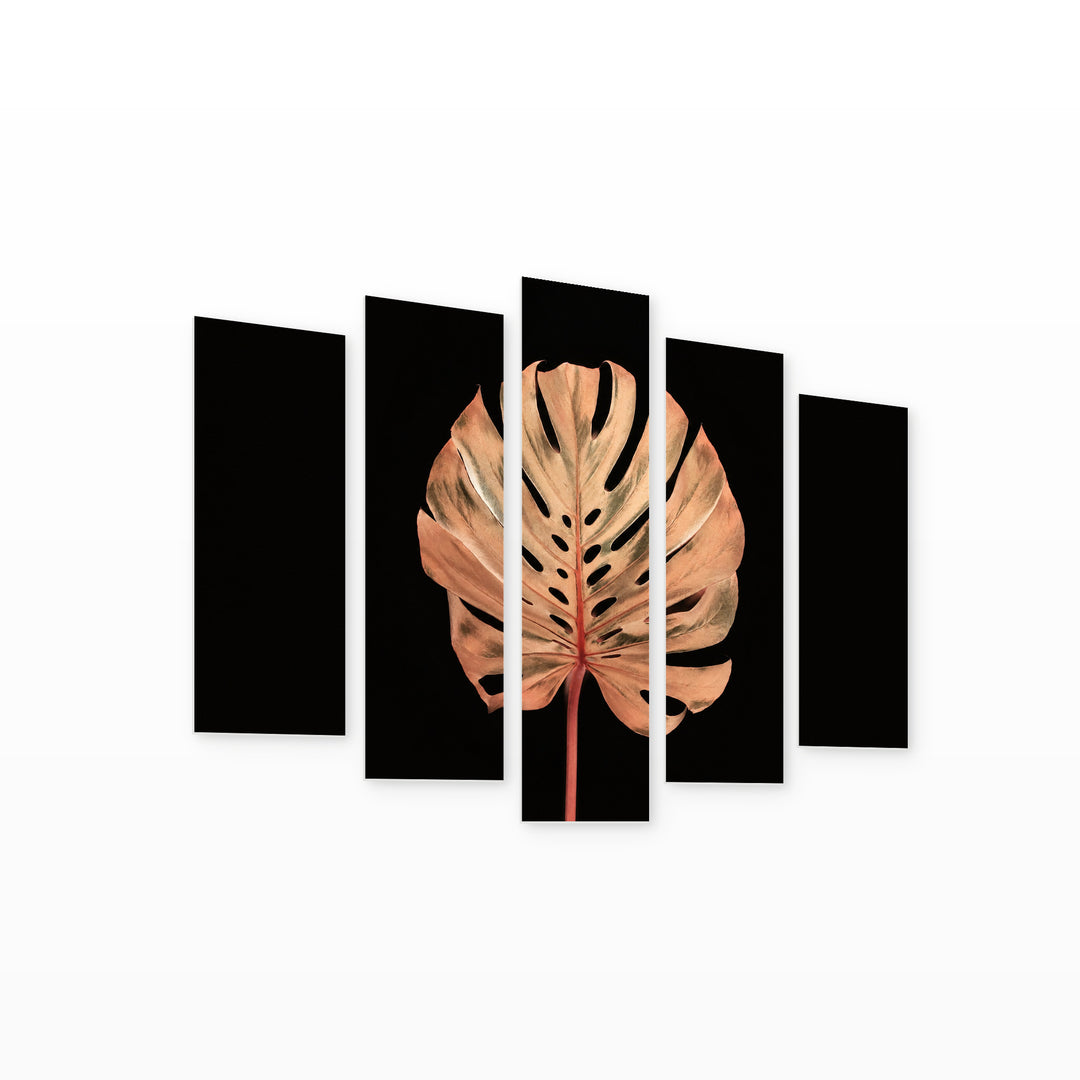 Monstera on a Black Background at Night — five-panel wall art on white background in perspective | 5wallart 54287 M1