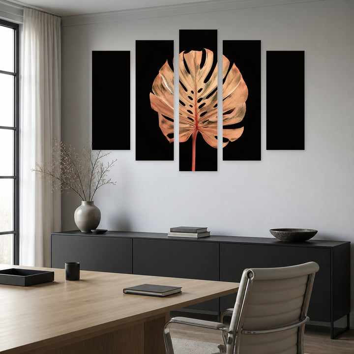 Monstera on a Black Background at Night — five-panel wall art in alternate frontal interior | 5wallart 54287 M4