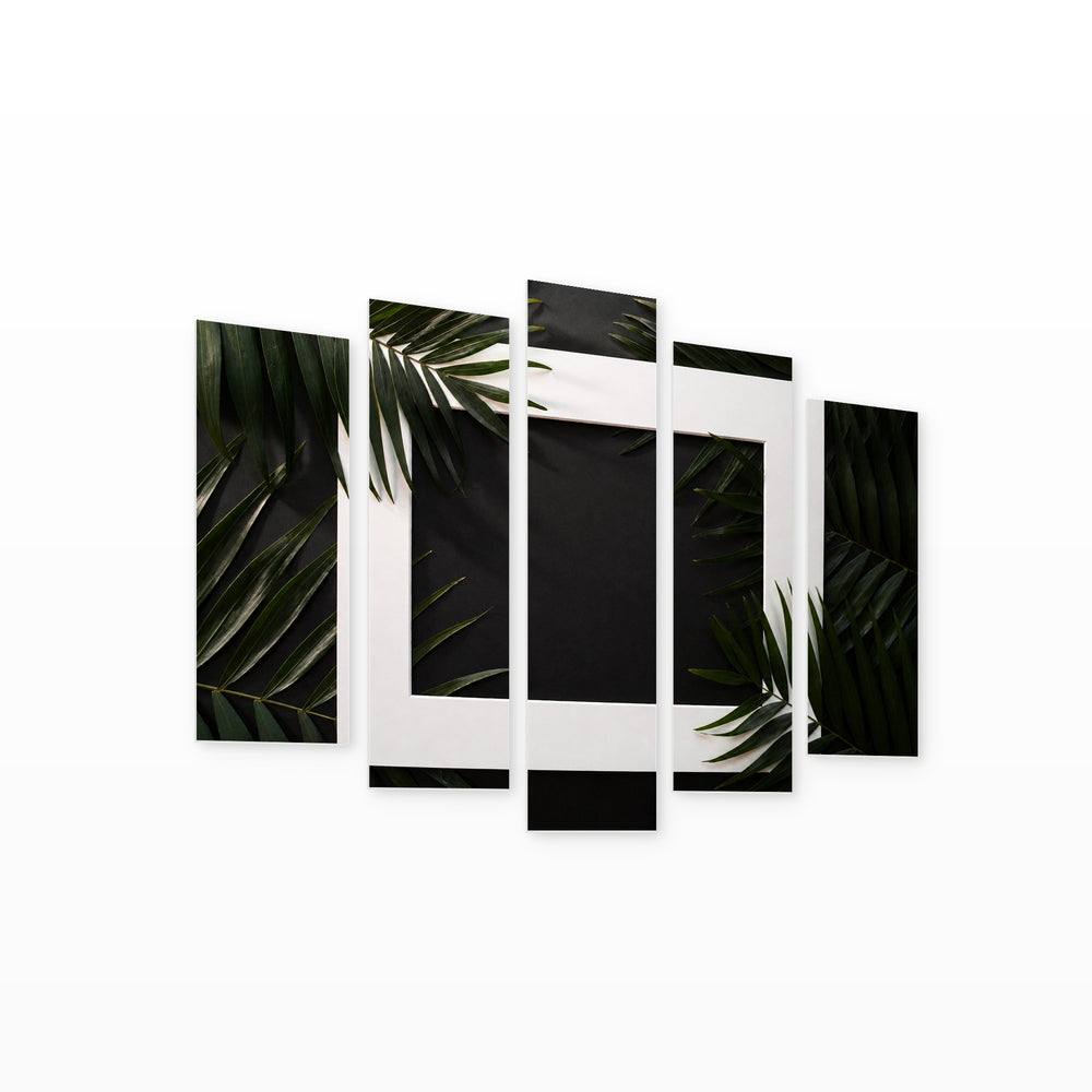 Palm Leaves and Frame in Serene Light — five-panel wall art on white background in perspective | 5wallart 54288 M1