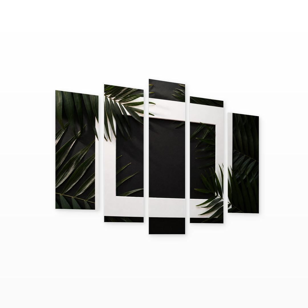 Palm Leaves and Frame in Serene Light — five-panel wall art on white background in perspective | 5wallart 54288 M1