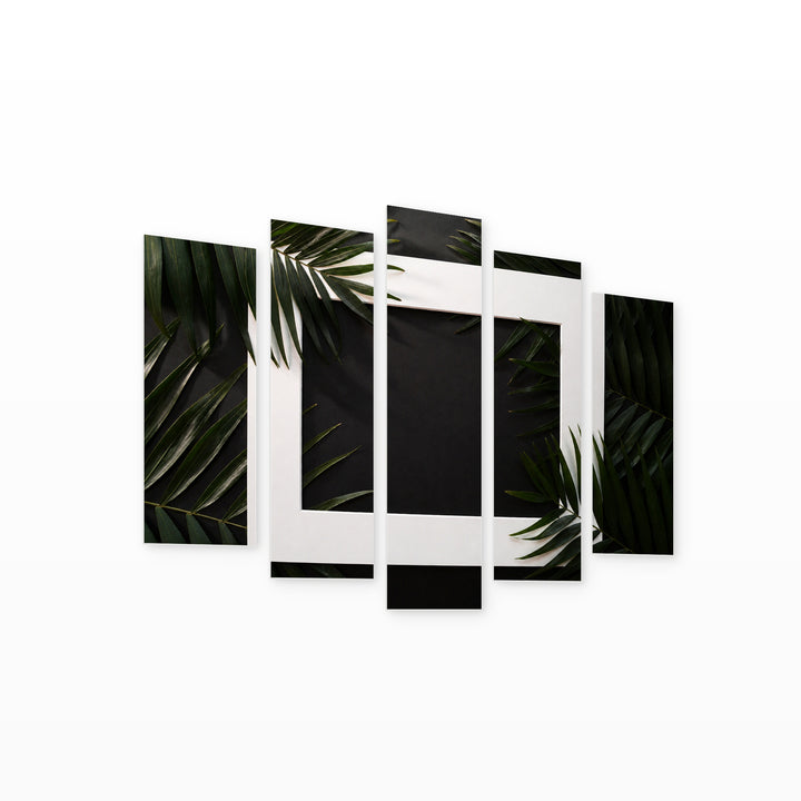 Palm Leaves and Frame in Serene Light — five-panel wall art on white background in perspective | 5wallart 54288 M1