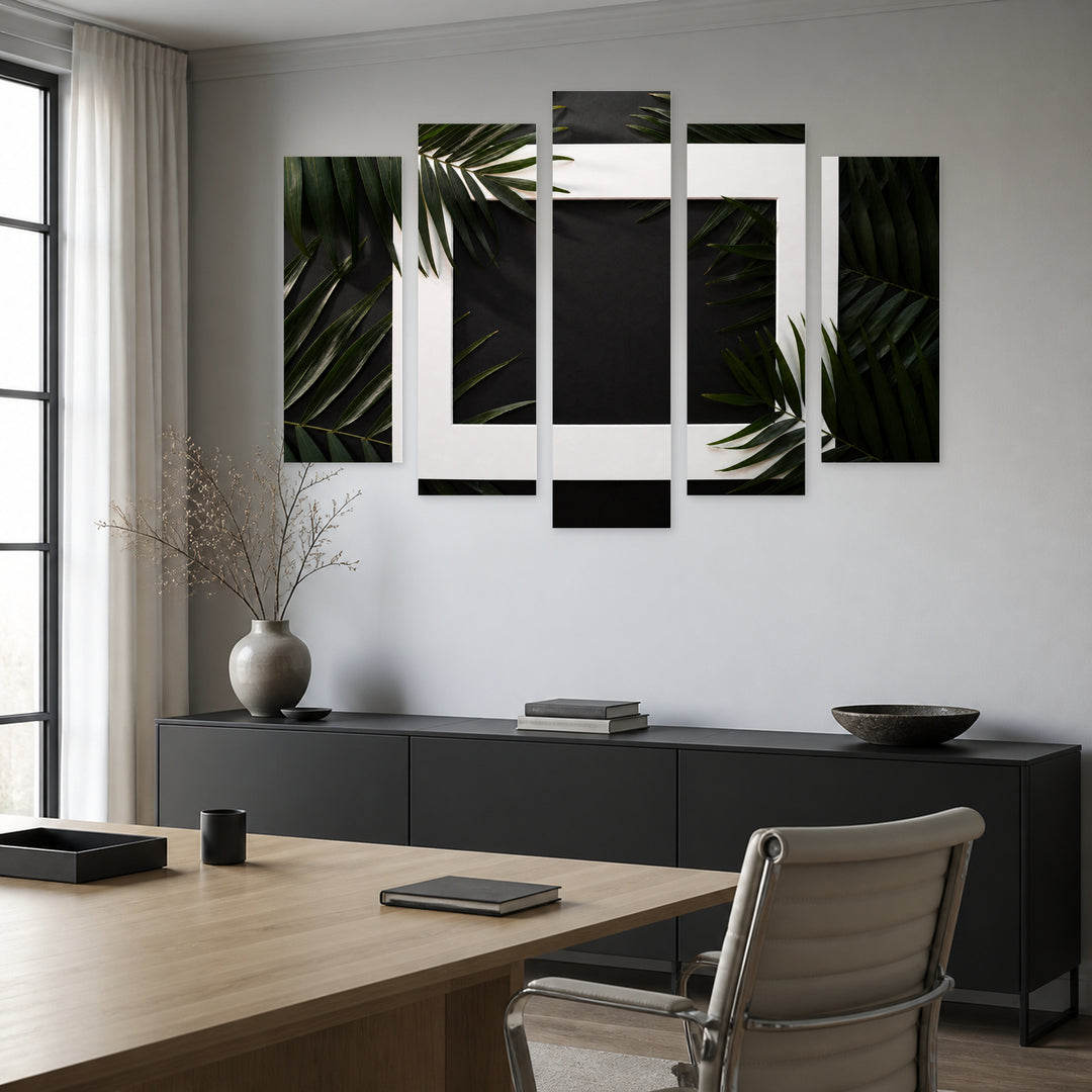 Palm Leaves and Frame in Serene Light — five-panel wall art in frontal interior | 5wallart 54288 M3