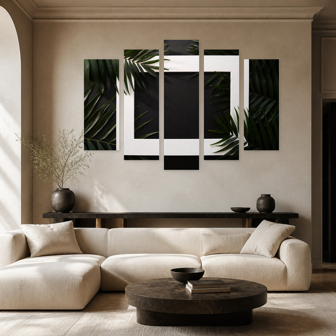 Palm Leaves and Frame in Serene Light — five-panel wall art in alternate frontal interior | 5wallart 54288 M4