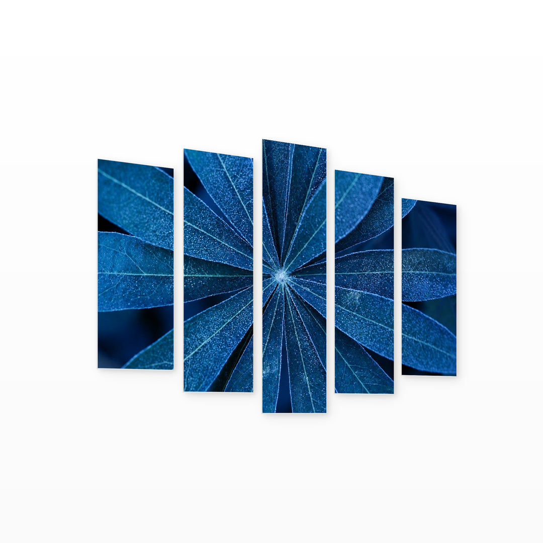 Blue Leaves Up Close with Geometric Rhythm — five-panel wall art on white background in perspective | 5wallart 54291 M1