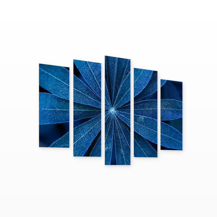 Blue Leaves Up Close with Geometric Rhythm — five-panel wall art on white background in perspective | 5wallart 54291 M1