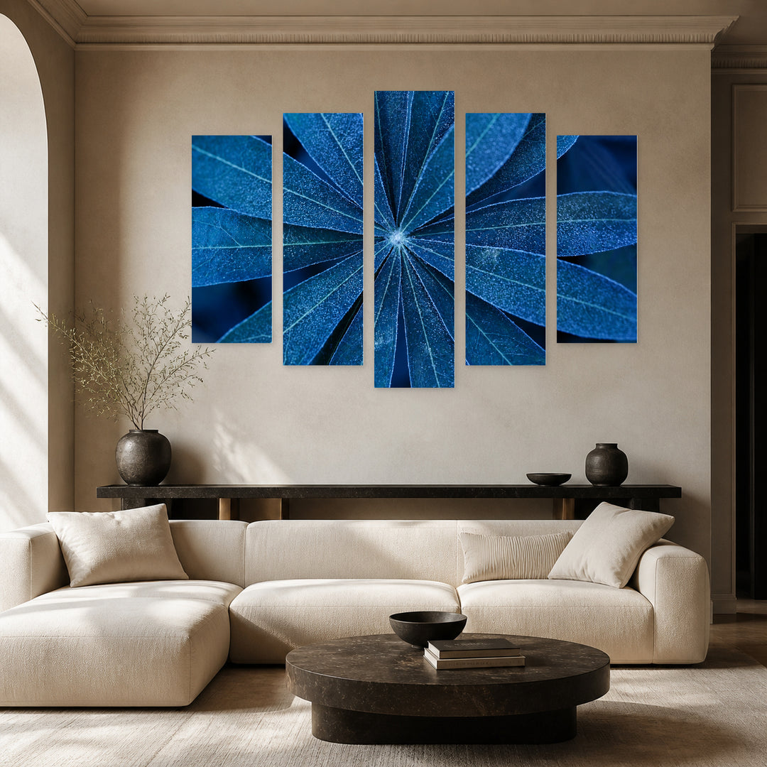 Blue Leaves Up Close with Geometric Rhythm — five-panel wall art in frontal interior | 5wallart 54291 M3