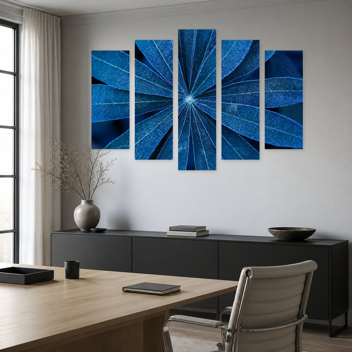 Blue Leaves Up Close with Geometric Rhythm — five-panel wall art in alternate frontal interior | 5wallart 54291 M4