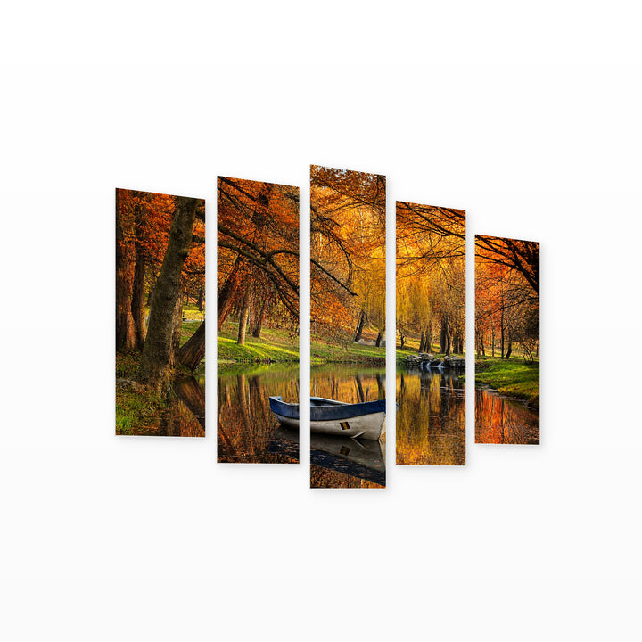 Boat in the Forest. Autumn Colors Coastal Panorama — five-panel wall art on white background in perspective | 5wallart 54300 M1