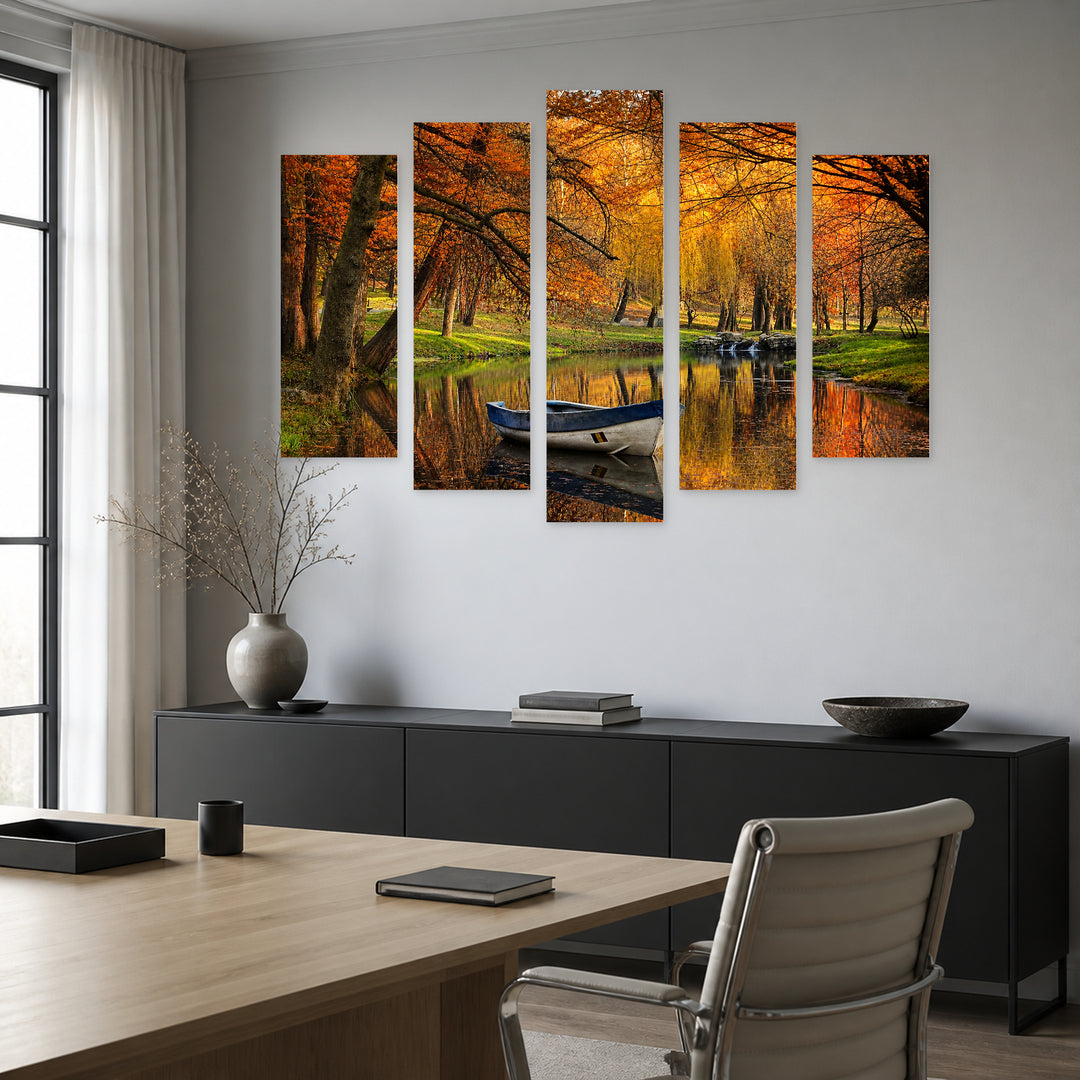 Boat in the Forest. Autumn Colors Coastal Panorama — five-panel wall art in frontal interior | 5wallart 54300 M3