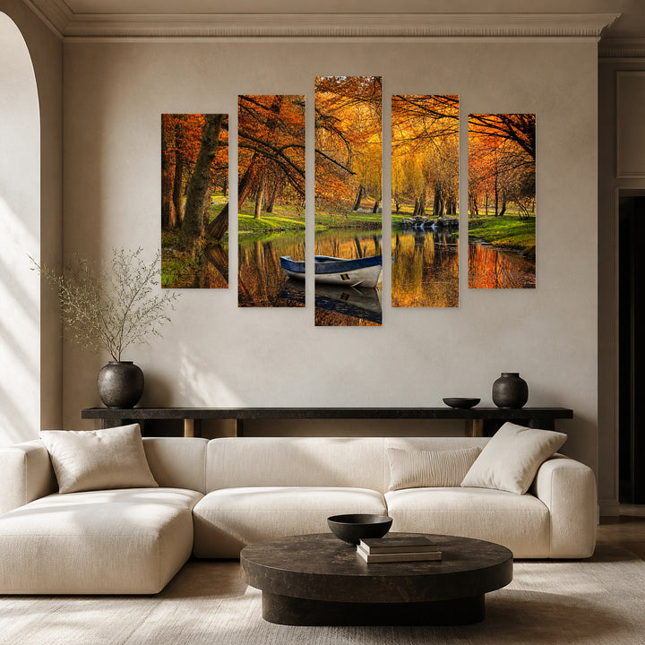 Boat in the Forest. Autumn Colors Coastal Panorama — five-panel wall art in alternate frontal interior | 5wallart 54300 M4