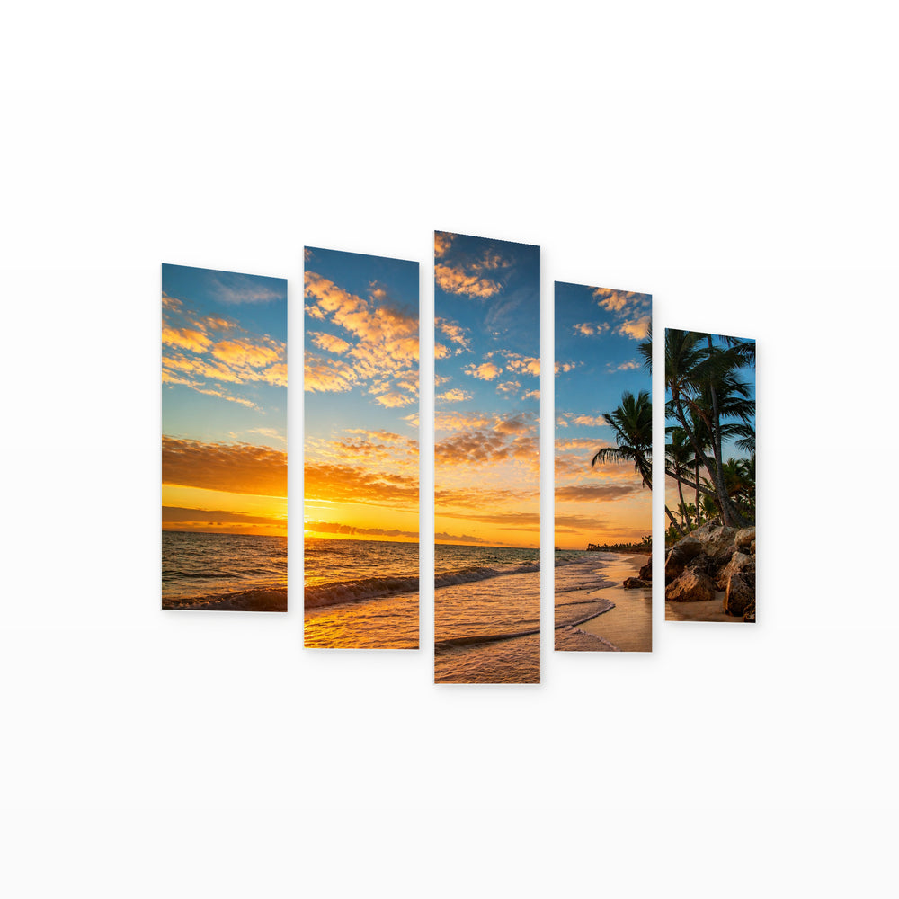 Golden Sunset over Island with Palm Trees — five-panel wall art on white background in perspective | 5wallart 54306 M1