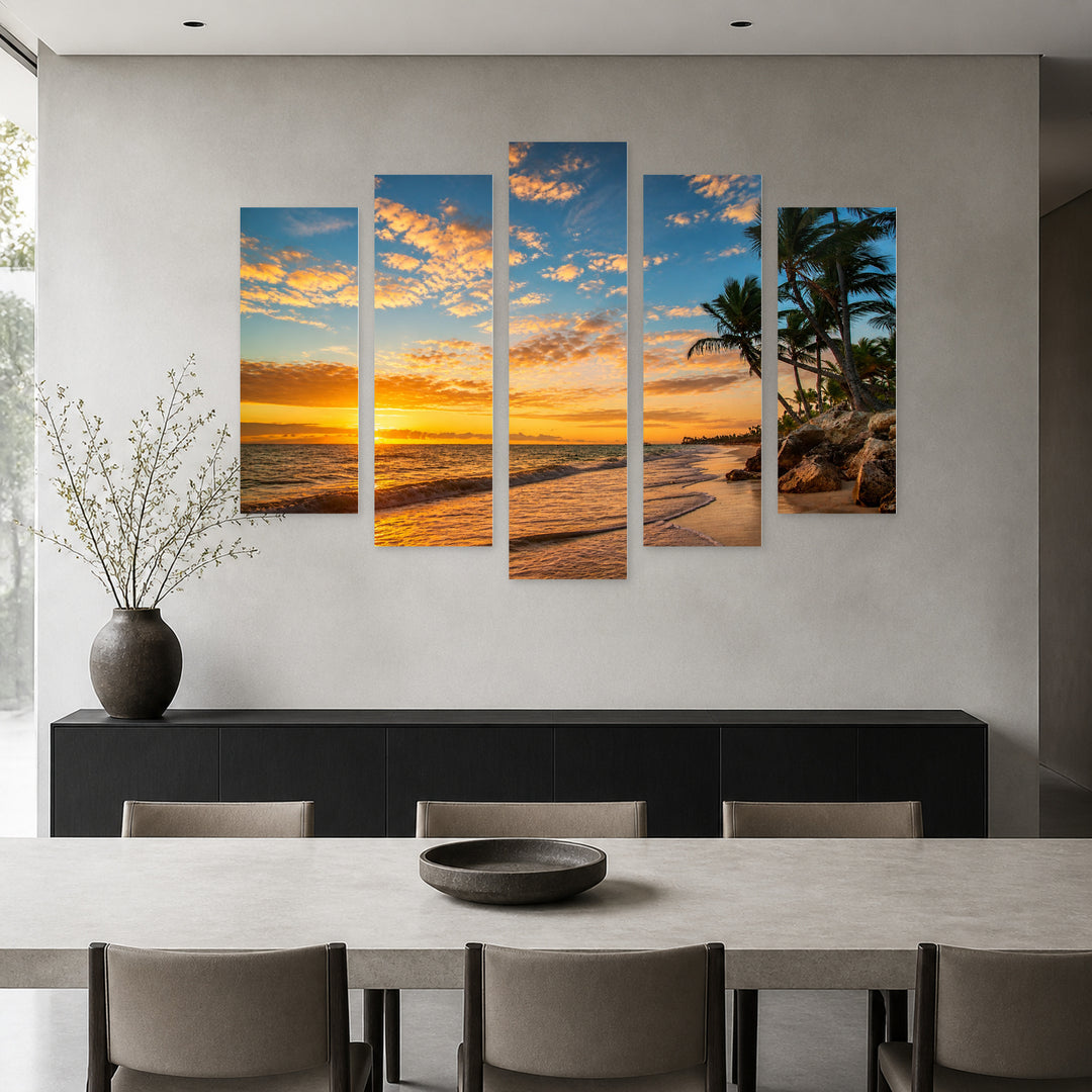 Golden Sunset over Island with Palm Trees — five-panel wall art in frontal interior | 5wallart 54306 M3