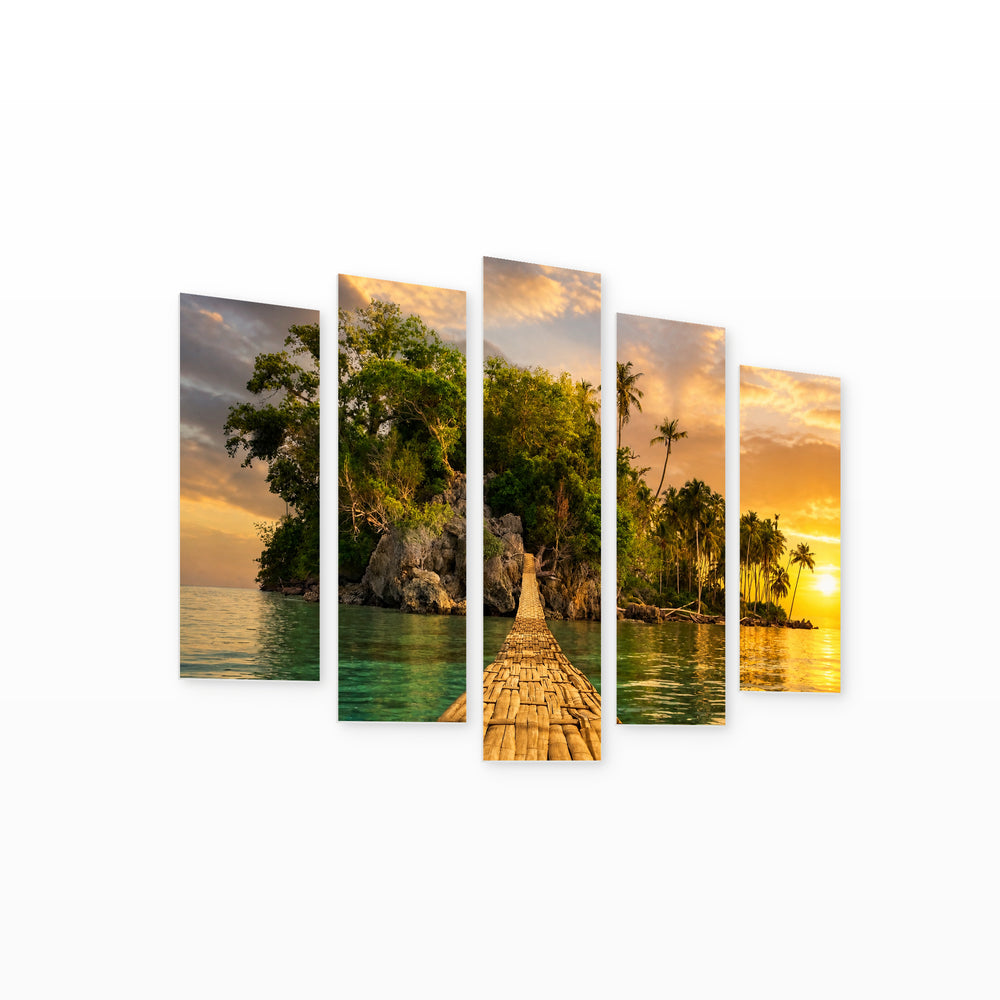 Path to a Palm Island at Golden Sunset — five-panel wall art on white background in perspective | 5wallart 54307 M1