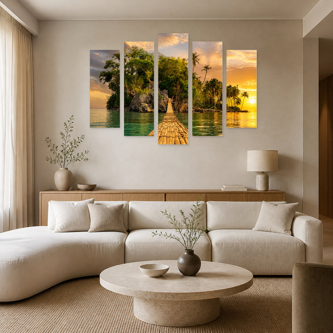Path to a Palm Island at Golden Sunset — five-panel wall art in frontal interior | 5wallart 54307 M3