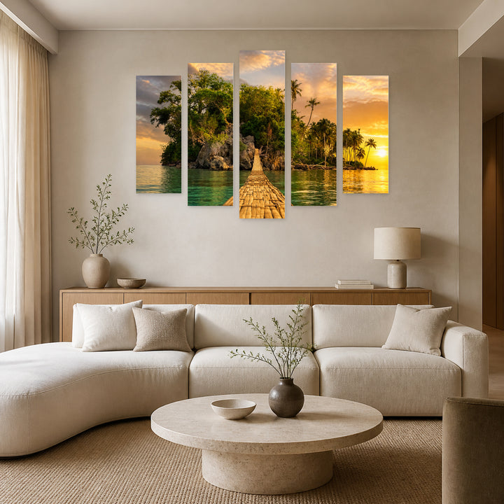 Path to a Palm Island at Golden Sunset — five-panel wall art in frontal interior | 5wallart 54307 M3