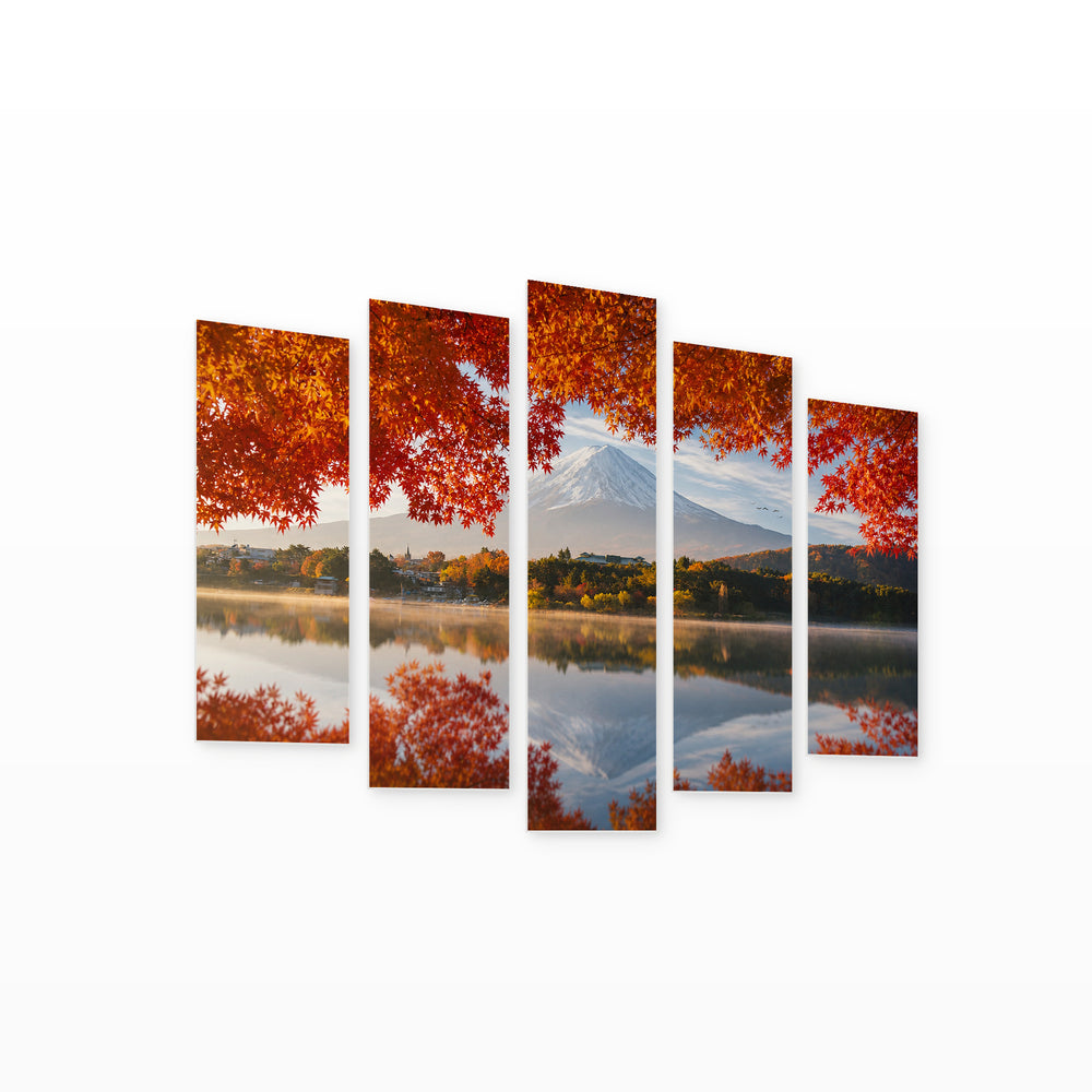 Autumn Leaves and Water Reflection in Serene Light — five-panel wall art on white background in perspective | 5wallart 54311 M1