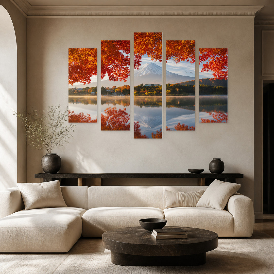 Autumn Leaves and Water Reflection in Serene Light — five-panel wall art in frontal interior | 5wallart 54311 M3