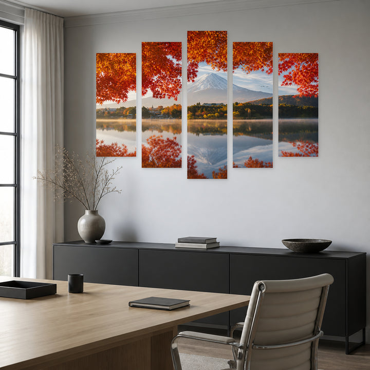 Autumn Leaves and Water Reflection in Serene Light — five-panel wall art in alternate frontal interior | 5wallart 54311 M4