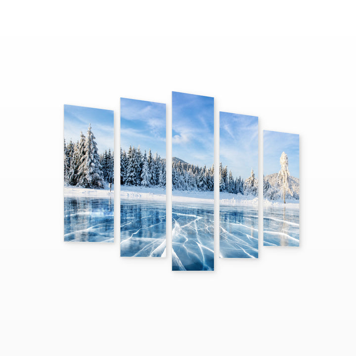 Frozen Lake in Serene Light — five-panel wall art on white background in perspective | 5wallart 54313 M1