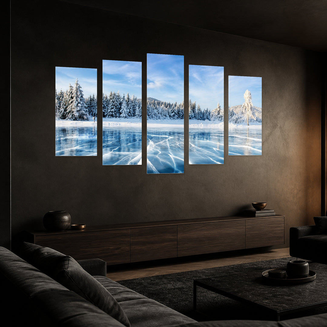 Frozen Lake in Serene Light — five-panel wall art in perspective interior | 5wallart 54313 M2