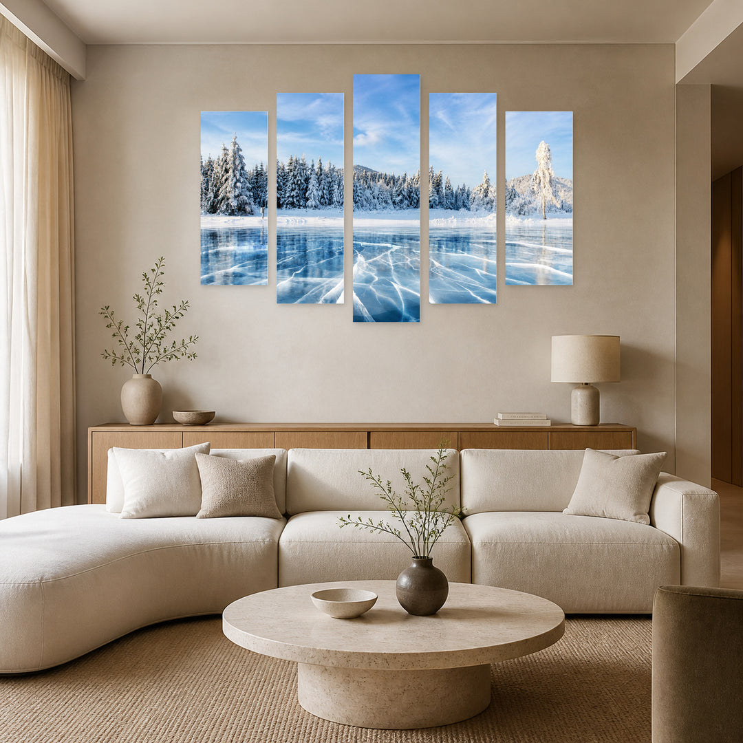 Frozen Lake in Serene Light — five-panel wall art in frontal interior | 5wallart 54313 M3