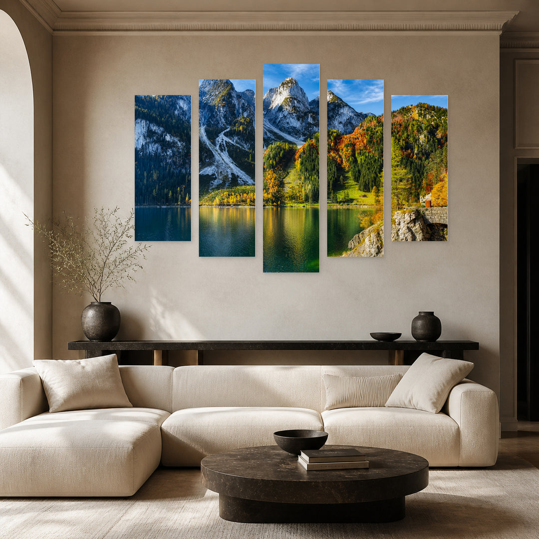 Edge of the Forest in Serene Light — five-panel wall art in alternate frontal interior | 5wallart 54328 M4