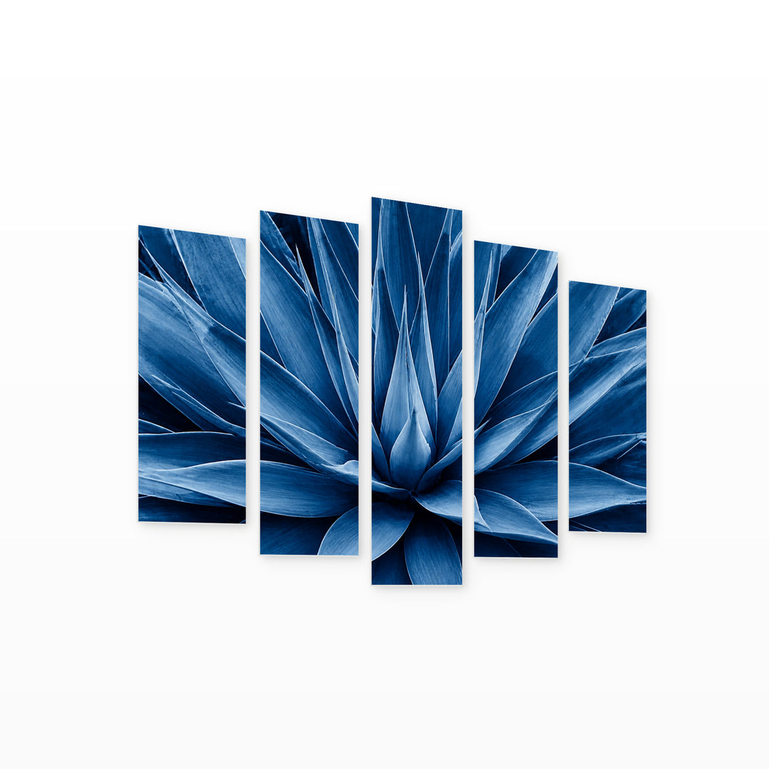 Blooming Blue Leaves with Geometric Rhythm — five-panel wall art on white background in perspective | 5wallart 54338 M1
