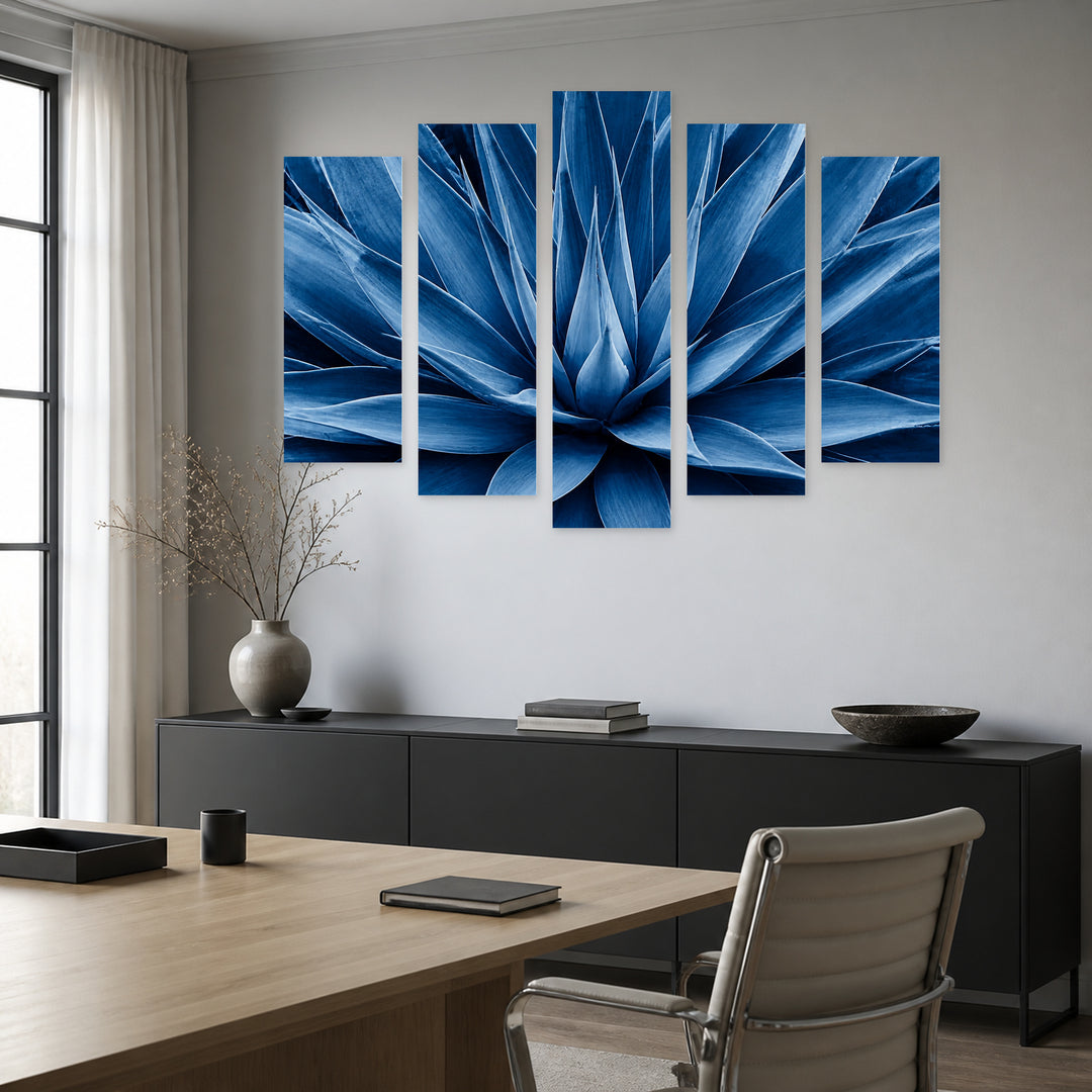 Blooming Blue Leaves with Geometric Rhythm — five-panel wall art in frontal interior | 5wallart 54338 M3