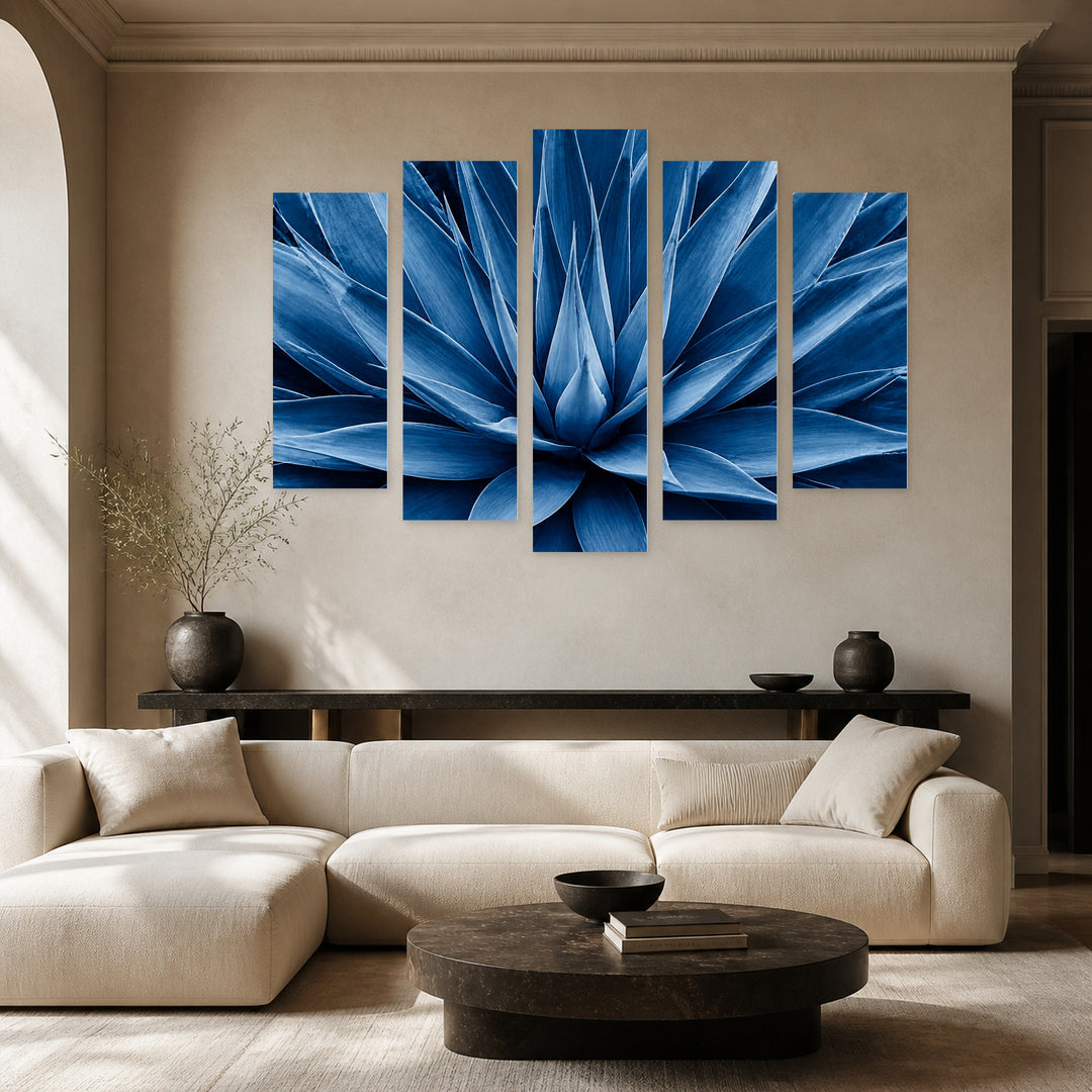 Blooming Blue Leaves with Geometric Rhythm — five-panel wall art in alternate frontal interior | 5wallart 54338 M4