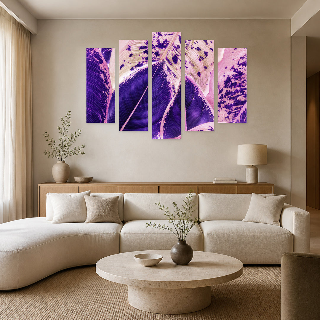 Abstract Tropical Leaves in Vivid Color — five-panel wall art in alternate frontal interior | 5wallart 54346 M4