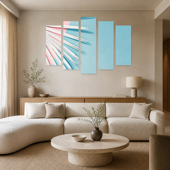 White Palm Leaves in Serene Light — five-panel wall art in frontal interior | 5wallart 54351 M3