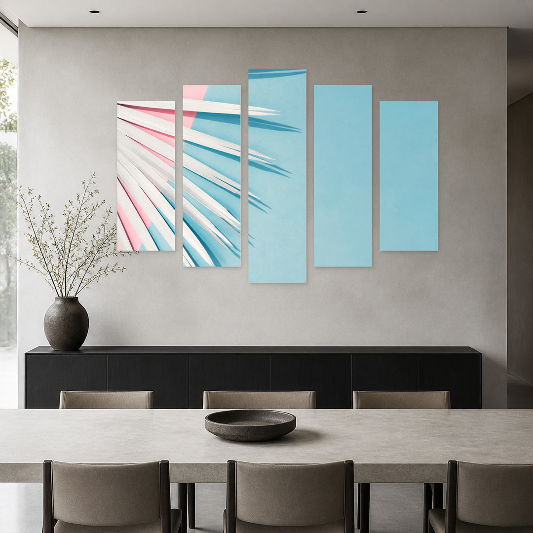 White Palm Leaves in Serene Light — five-panel wall art in alternate frontal interior | 5wallart 54351 M4