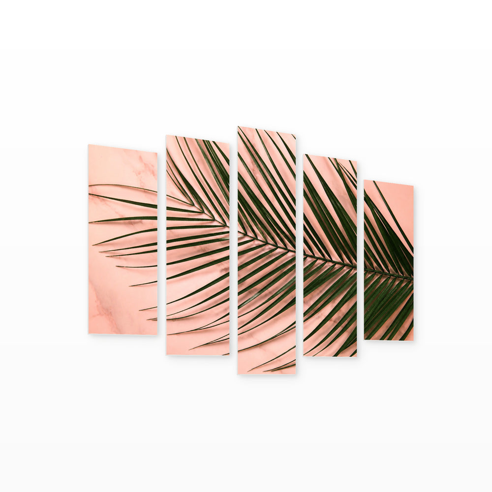 Palm Leaves on a Pink Background Botanical Study — five-panel wall art on white background in perspective | 5wallart 54352 M1