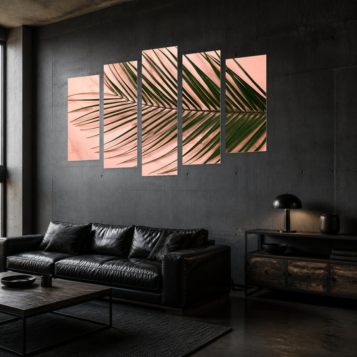 Palm Leaves on a Pink Background Botanical Study — five-panel wall art in perspective interior | 5wallart 54352 M2