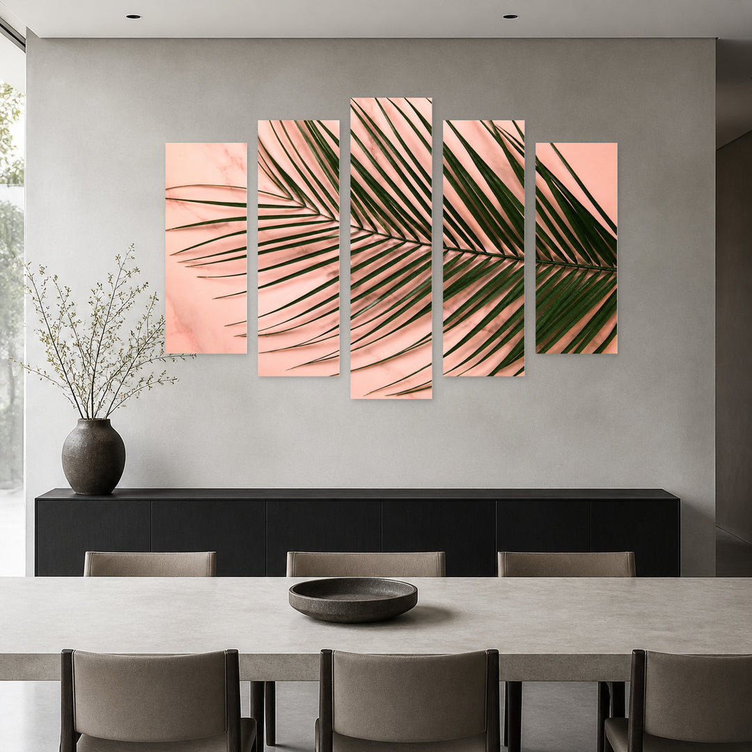 Palm Leaves on a Pink Background Botanical Study — five-panel wall art in frontal interior | 5wallart 54352 M3
