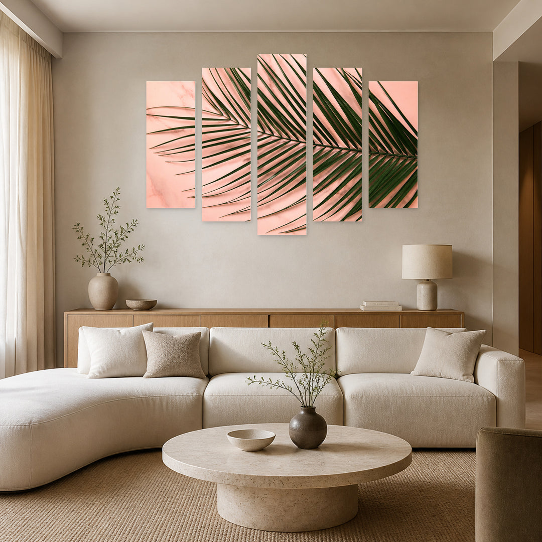 Palm Leaves on a Pink Background Botanical Study — five-panel wall art in alternate frontal interior | 5wallart 54352 M4