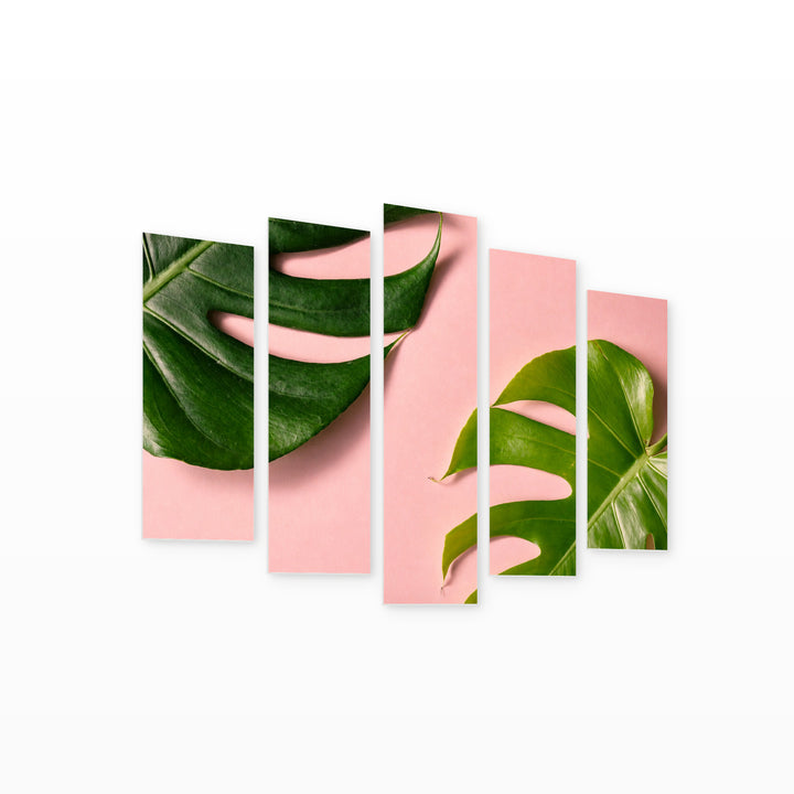 Monstera on a Pink Background with Geometric Rhythm — five-panel wall art on white background in perspective | 5wallart 54382 M1