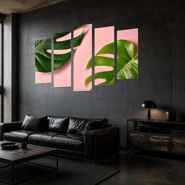 Monstera on a Pink Background with Geometric Rhythm — five-panel wall art in perspective interior | 5wallart 54382 M2