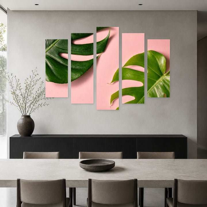 Monstera on a Pink Background with Geometric Rhythm — five-panel wall art in frontal interior | 5wallart 54382 M3