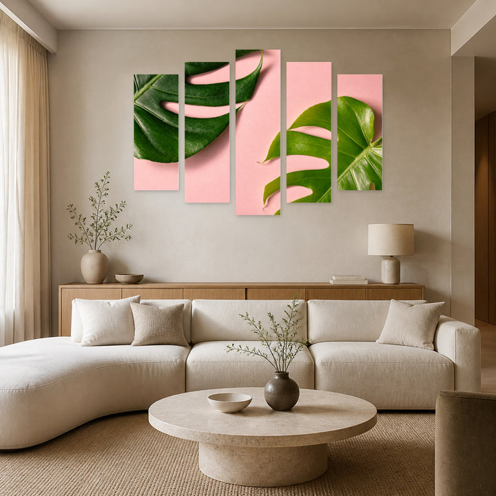 Monstera on a Pink Background with Geometric Rhythm — five-panel wall art in alternate frontal interior | 5wallart 54382 M4