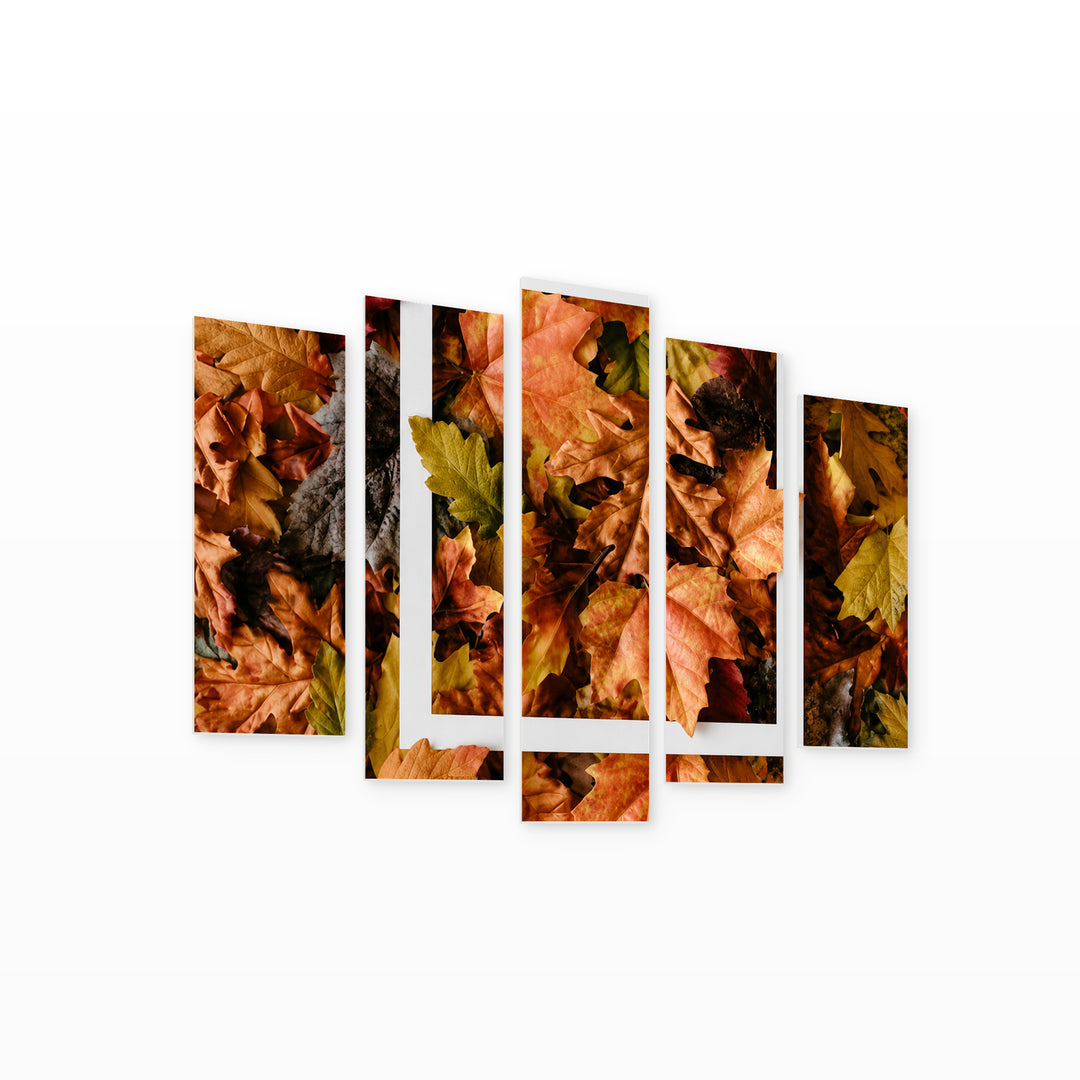 Autumn Leaves and Square Frame in Serene Light — five-panel wall art on white background in perspective | 5wallart 54387 M1