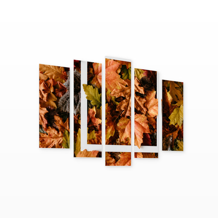 Autumn Leaves and Square Frame in Serene Light — five-panel wall art on white background in perspective | 5wallart 54387 M1